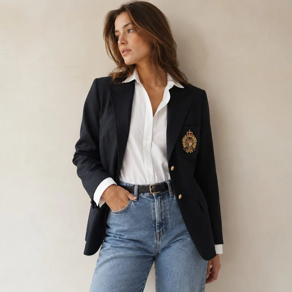 Lauren Ralph Lauren VTG Wool Crest Blazer Gold Button Preppy 90s Black Size 10 - Picture 1 of 16